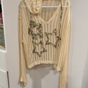 POL Cream Open-Knit V-Neck Hooded Sweater with Floral Star Appliqués